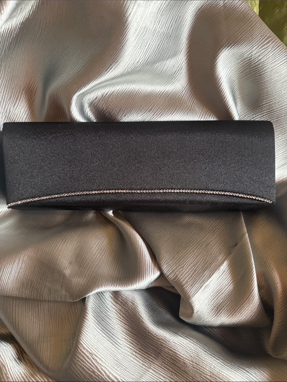 Black Satin Evening Clutch with Rhinestone Trim NWOT